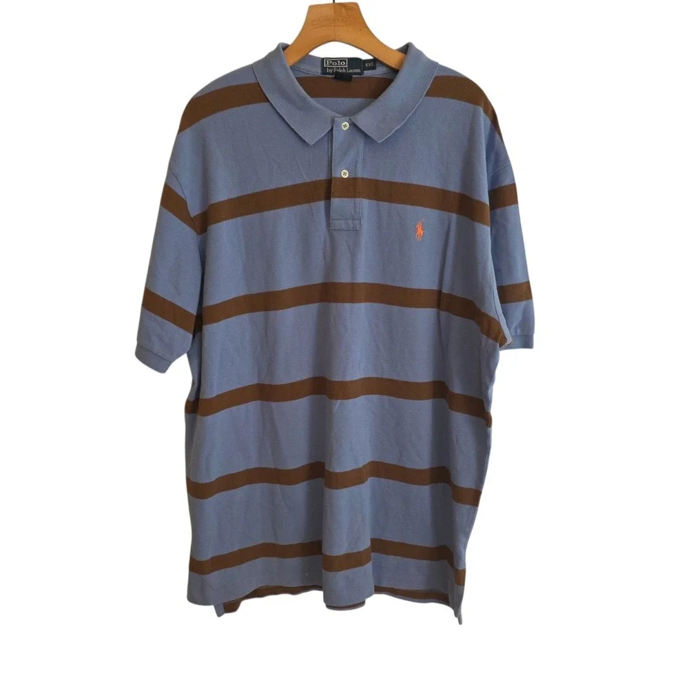 Vintage Polo Ralph Lauren Polo Shirt Blue Brown Striped Short Sleeve Mens 2XL